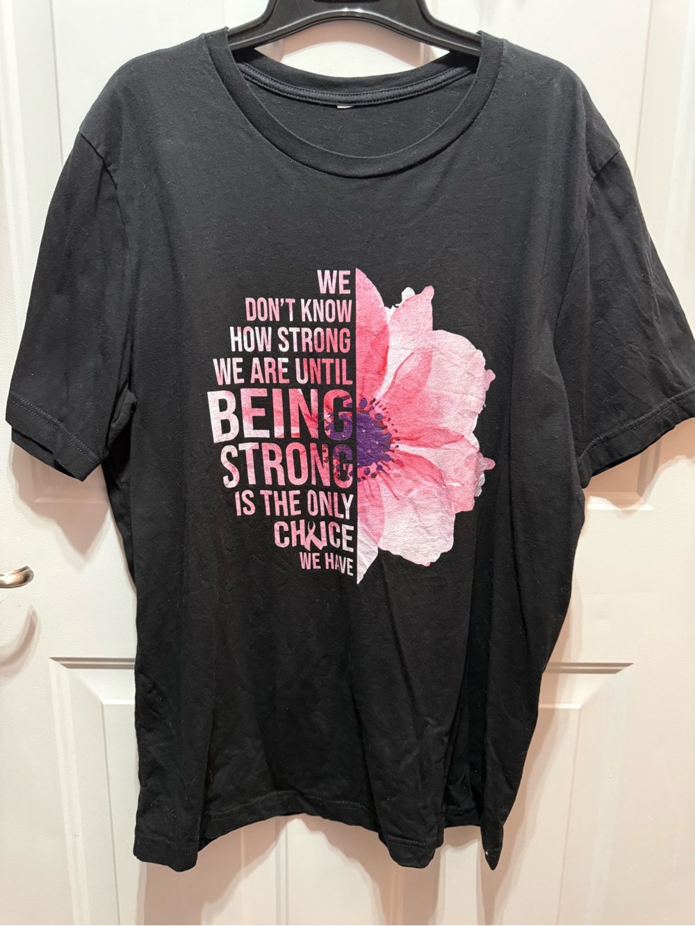 Black Women's Graphic Tee with Pink Floral Strength Quote Size XL